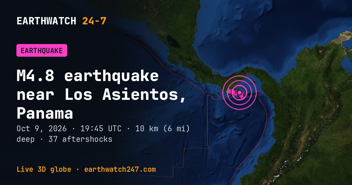 Map: the earthquake near Los Asientos, Panama, with plate boundaries