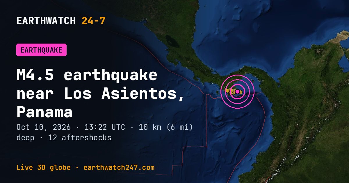 Map: the earthquake near Los Asientos, Panama, with plate boundaries