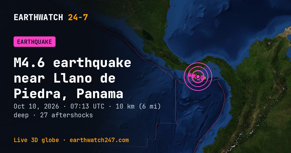 Map: the earthquake near Llano de Piedra, Panama, with plate boundaries