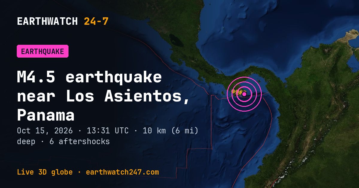 Map: the earthquake near Los Asientos, Panama, with plate boundaries