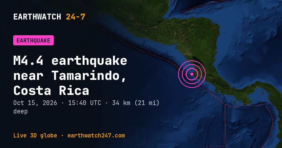 Map: the earthquake near Tamarindo, Costa Rica, with plate boundaries