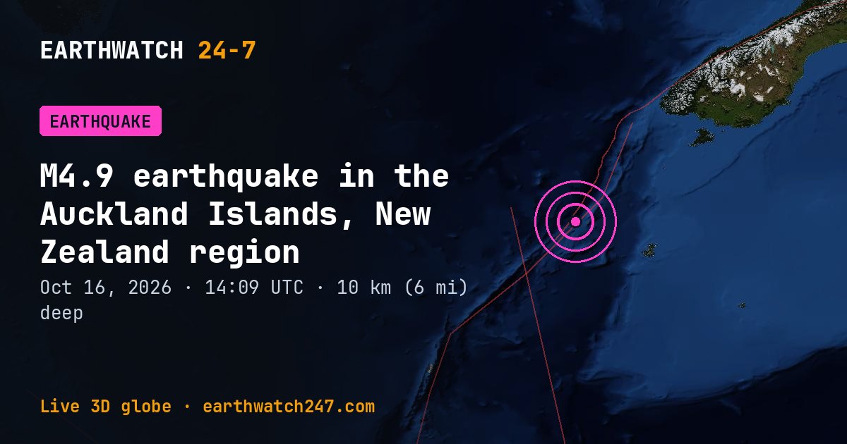 Map: the earthquake in the Auckland Islands, New Zealand region, with plate boundaries