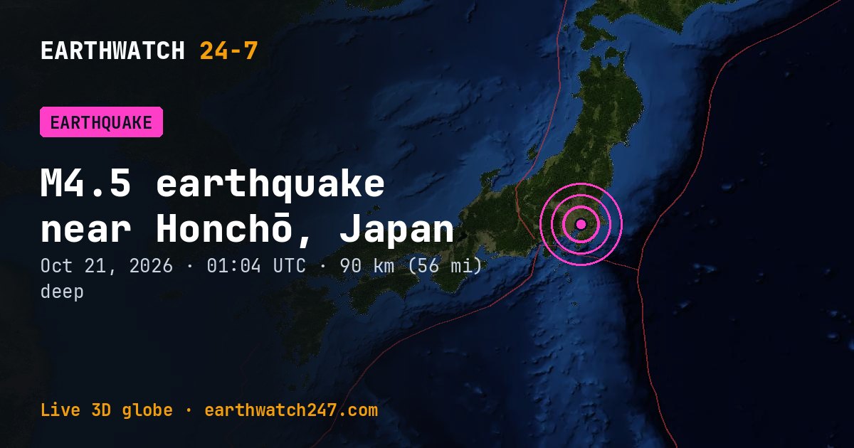 Map: the earthquake near Honchō, Japan, with plate boundaries