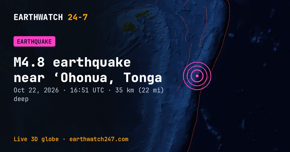 Map: the earthquake near ‘Ohonua, Tonga, with plate boundaries
