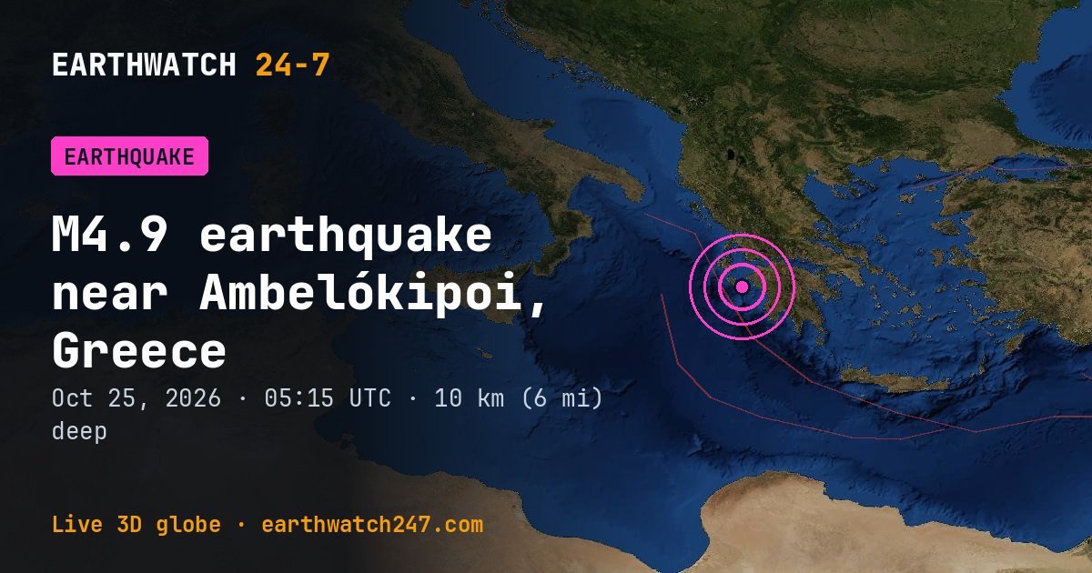 Map: the earthquake near Ambelókipoi, Greece, with plate boundaries