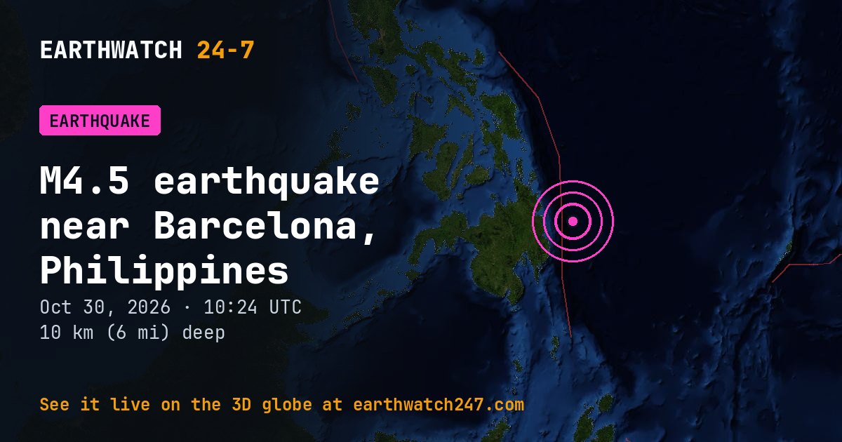 Map: the earthquake near Barcelona, Philippines, with plate boundaries