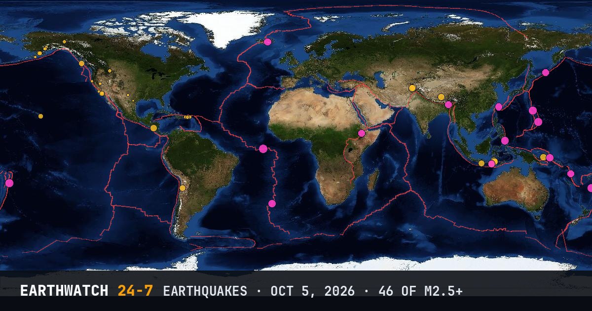 World map of the earthquakes on October 5, 2026