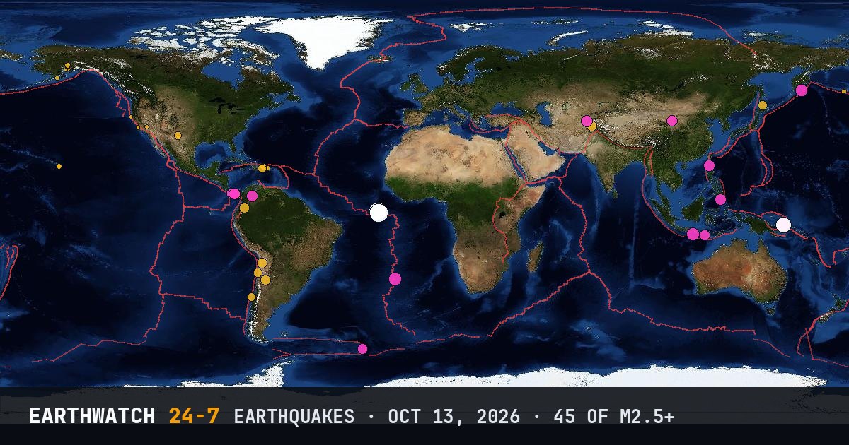 World map of the earthquakes on October 13, 2026