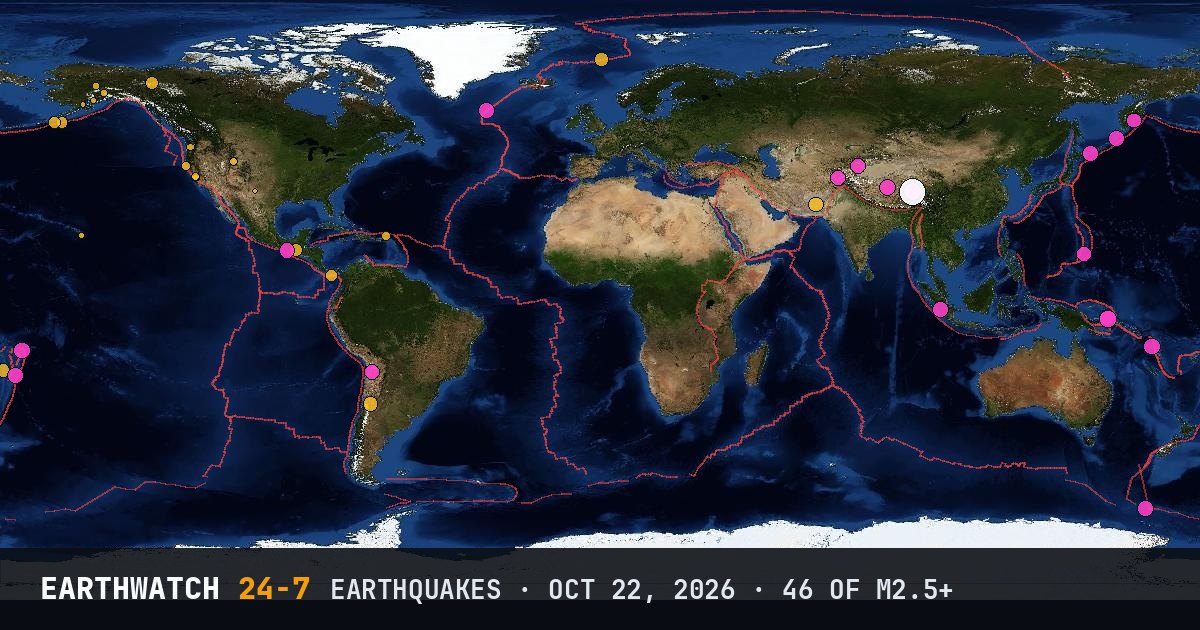 World map of the earthquakes on October 22, 2026