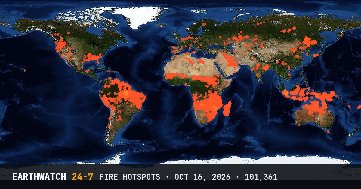 World map of fire hotspots on October 16, 2026