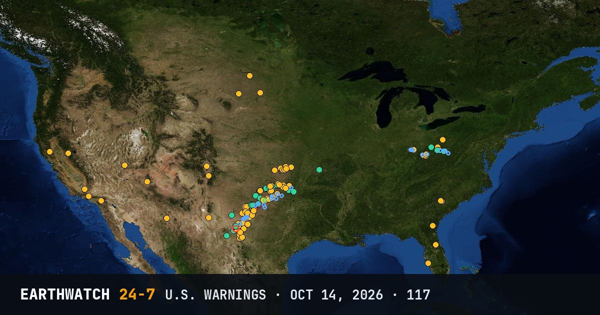 Map of U.S. weather warnings on October 14, 2026